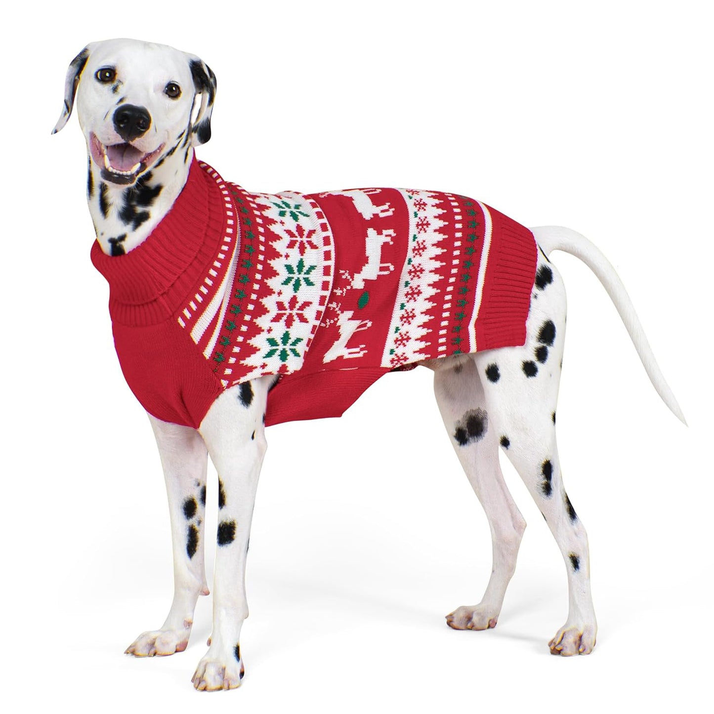 Red jacquard dog sweater with reindeer and snowflake fair isle pattern, ribbed turtleneck
