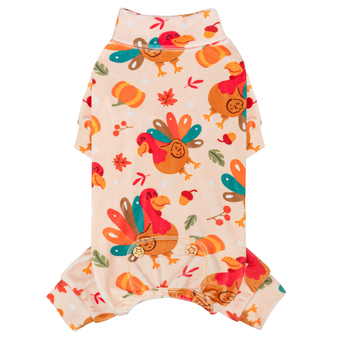 Dog onesie pajamas with colorful Thanksgiving turkey and autumn leaf print on cream