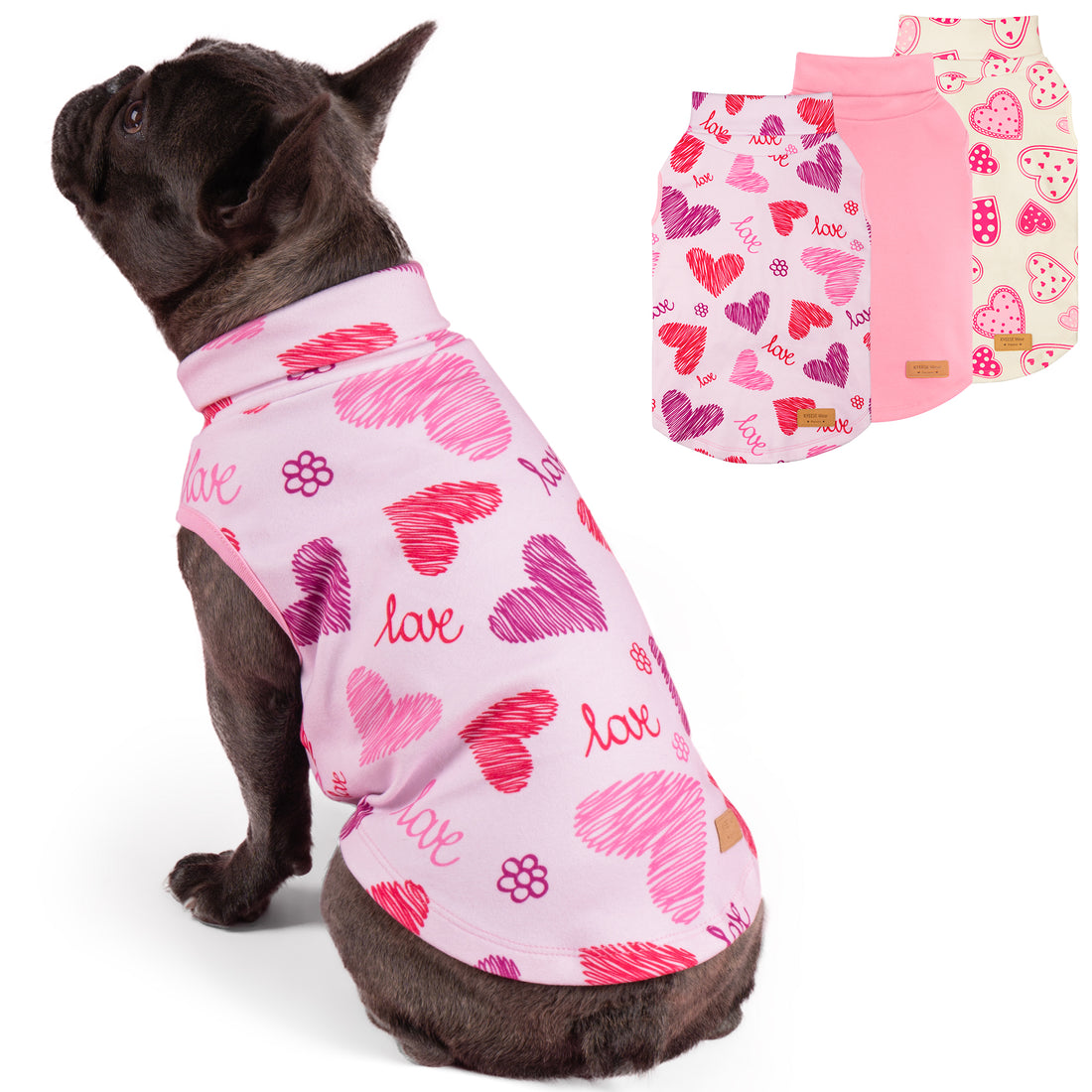 Sleeveless dog shirt white with pink heart and "love" pattern, plus solid pink option