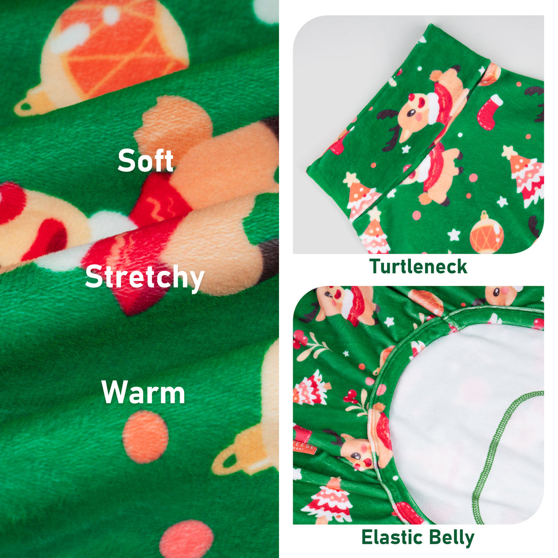 Green turtleneck dog Christmas pajamas with soft, warm, stretchy fabric and elastic belly