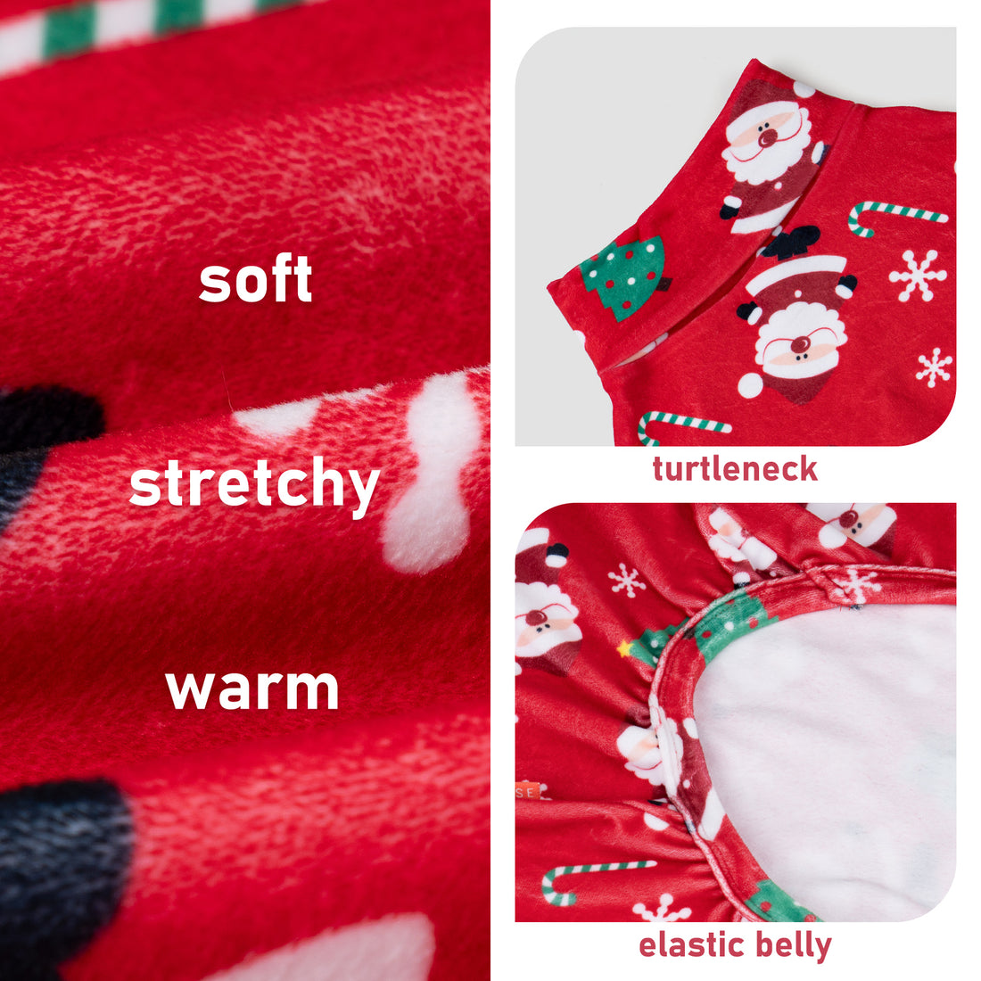 Red turtleneck dog Christmas pajamas with soft, warm, stretchy fabric and elastic belly