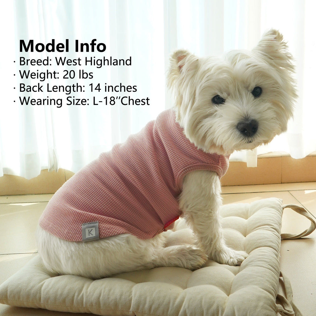 Dog waffle shirt in dusty pink on small dog, ribbed round neck
