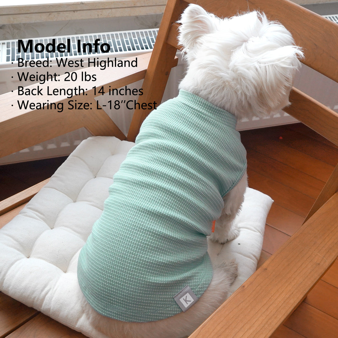Waffle-knit dog shirt, mint green with textured fabric and open belly for comfort