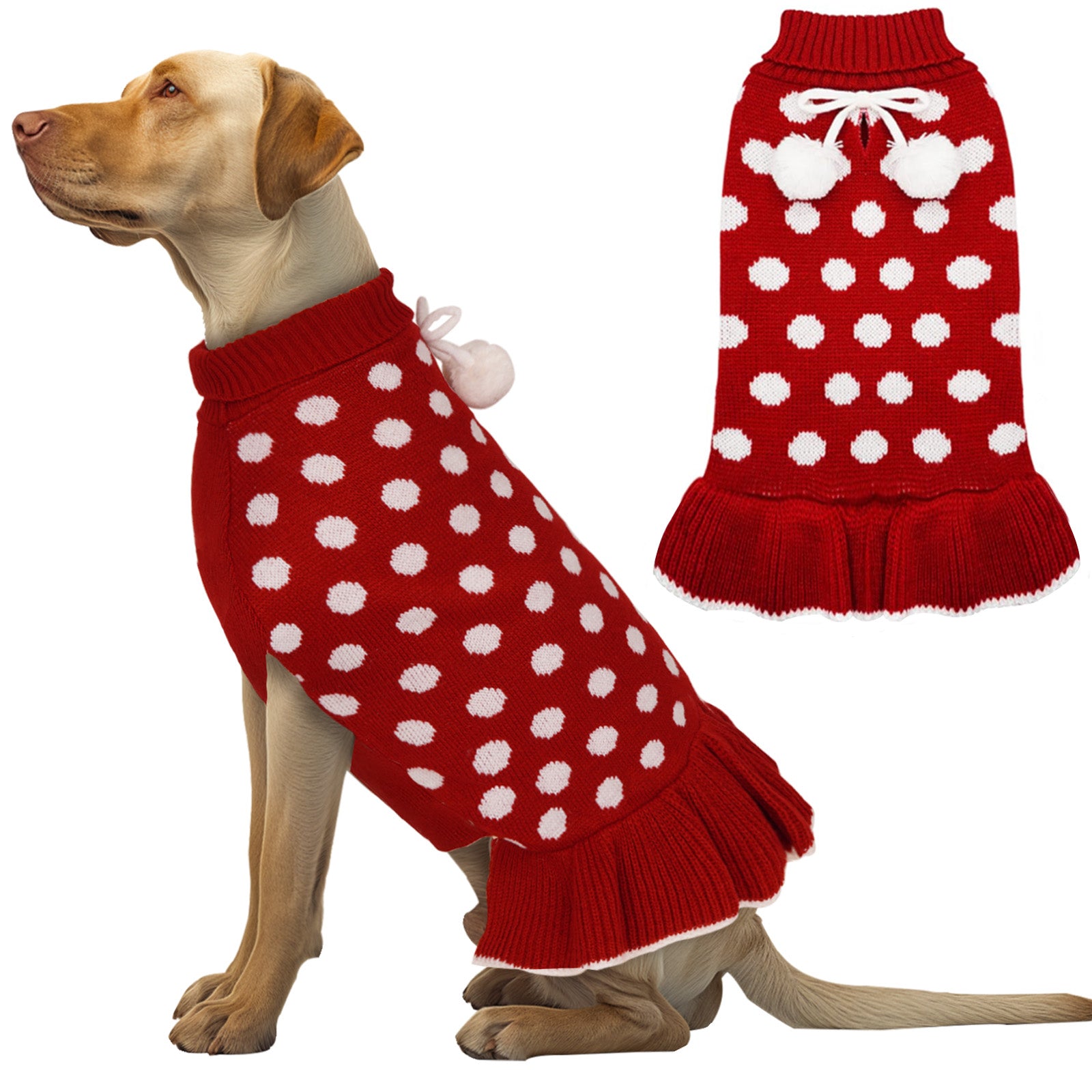 Dog sweater dress, red knit with white polka dots and ribbed leg cuffs