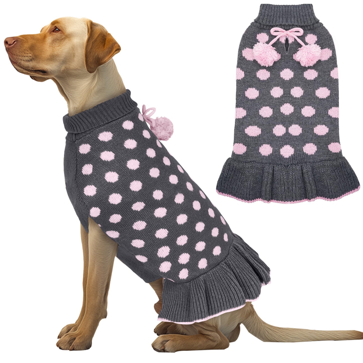 Grey dog sweater dress with pink polka dots, pom pom and bow, ribbed skirt hem.