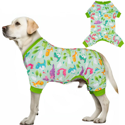 Dinosaur-print dog onesie pajamas in light aqua with green ribbed neck and cuffs