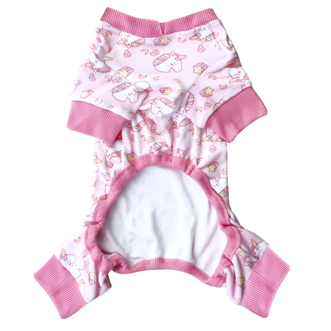 Light pink dog onesie pajama with allover unicorn pattern and ribbed cuffs at arms and legs