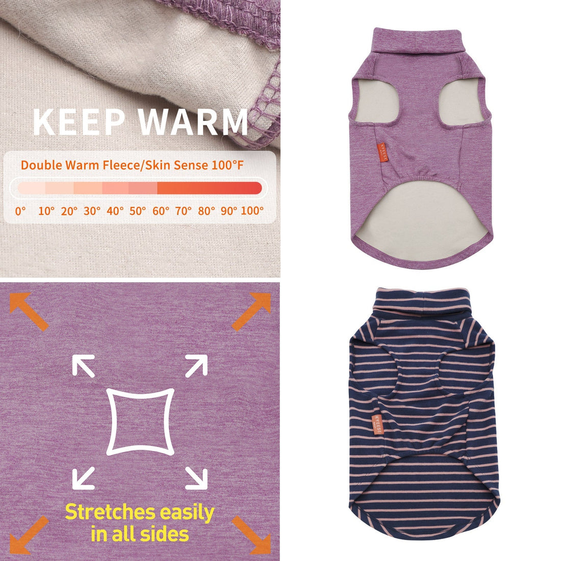 Purple sleeveless dog sweater with turtleneck and belly cutout, stretch fit