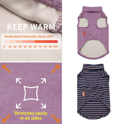 Purple sleeveless dog sweater with turtleneck and belly cutout, stretch fit