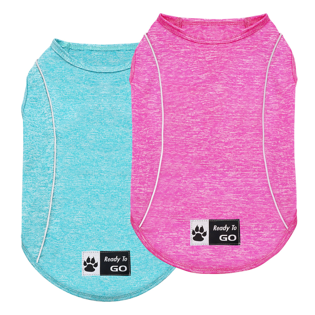 Set of two sleeveless dog shirts: pink and light teal with paw-logo patch