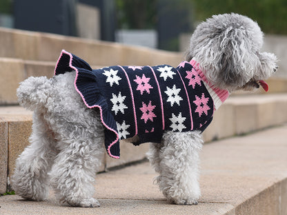 Dog sweater dress, navy knit with pink and white snowflakes and scalloped trim