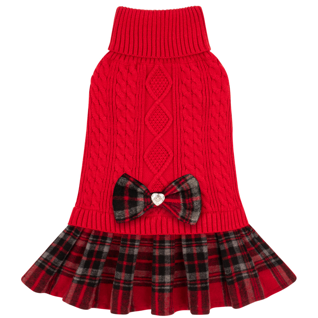 Red cable knit dog sweater with turtleneck and plaid skirt with bow detail