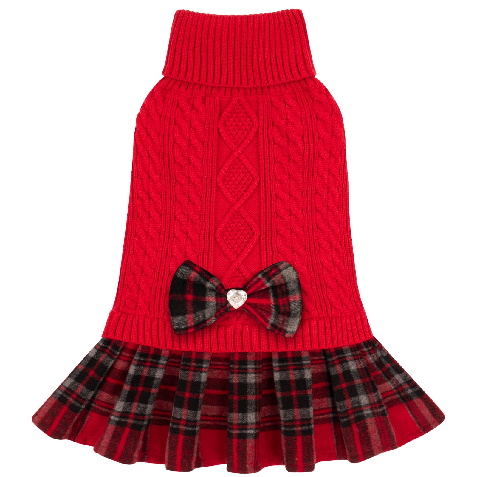 Red cable knit dog sweater with turtleneck and plaid skirt with bow detail