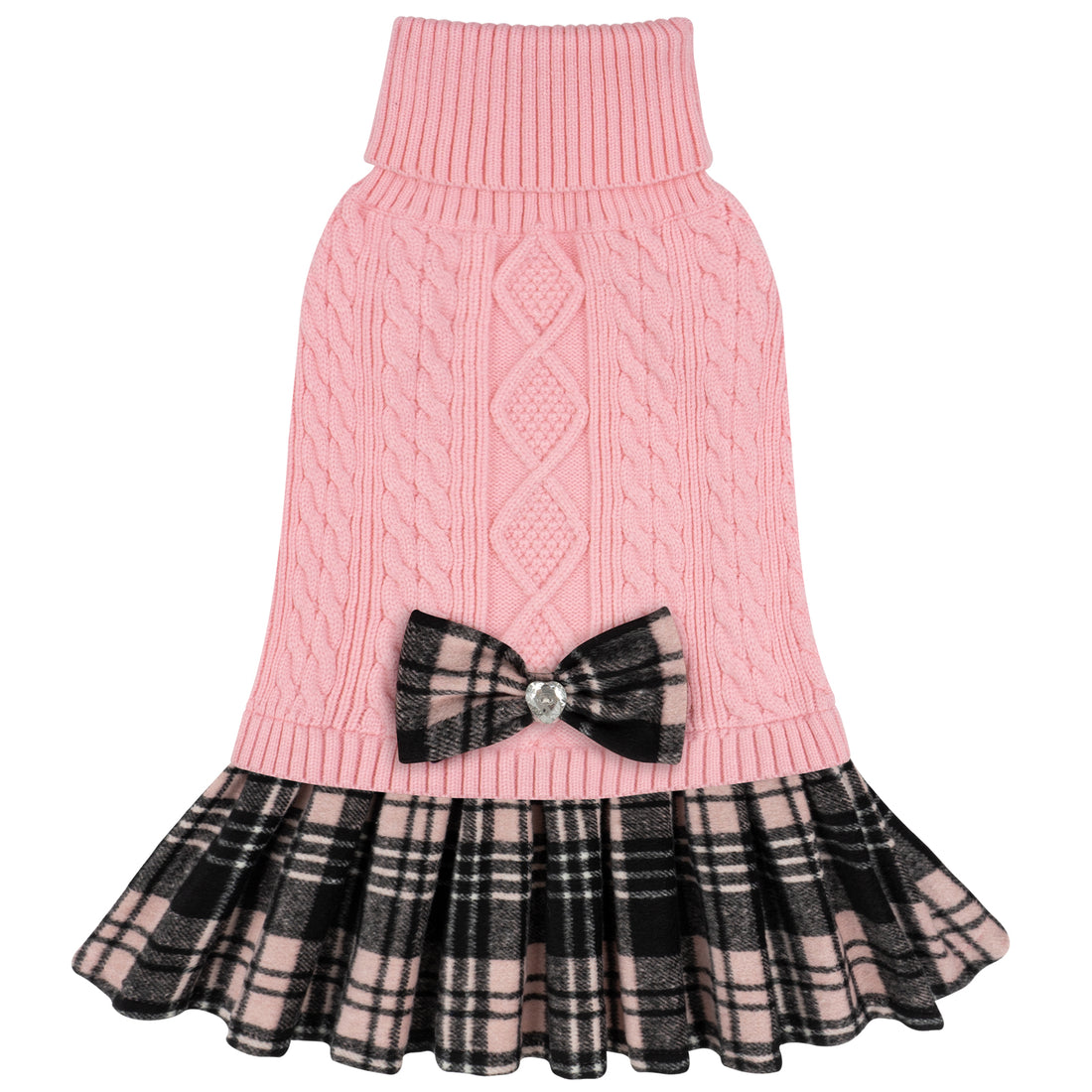Pink cable-knit turtleneck dog sweater with diamond knit pattern and bow