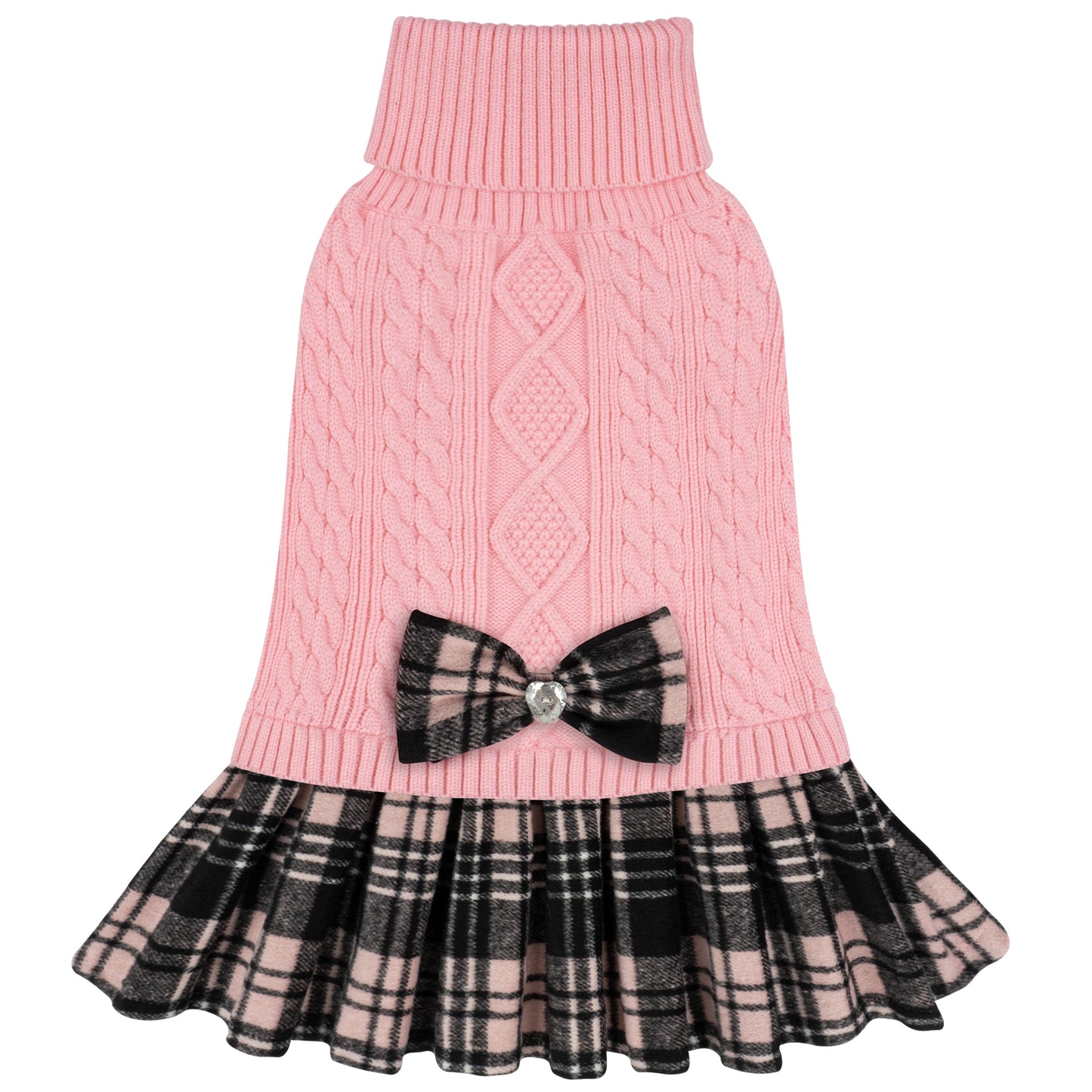 Pink cable-knit turtleneck dog sweater with diamond knit pattern and bow