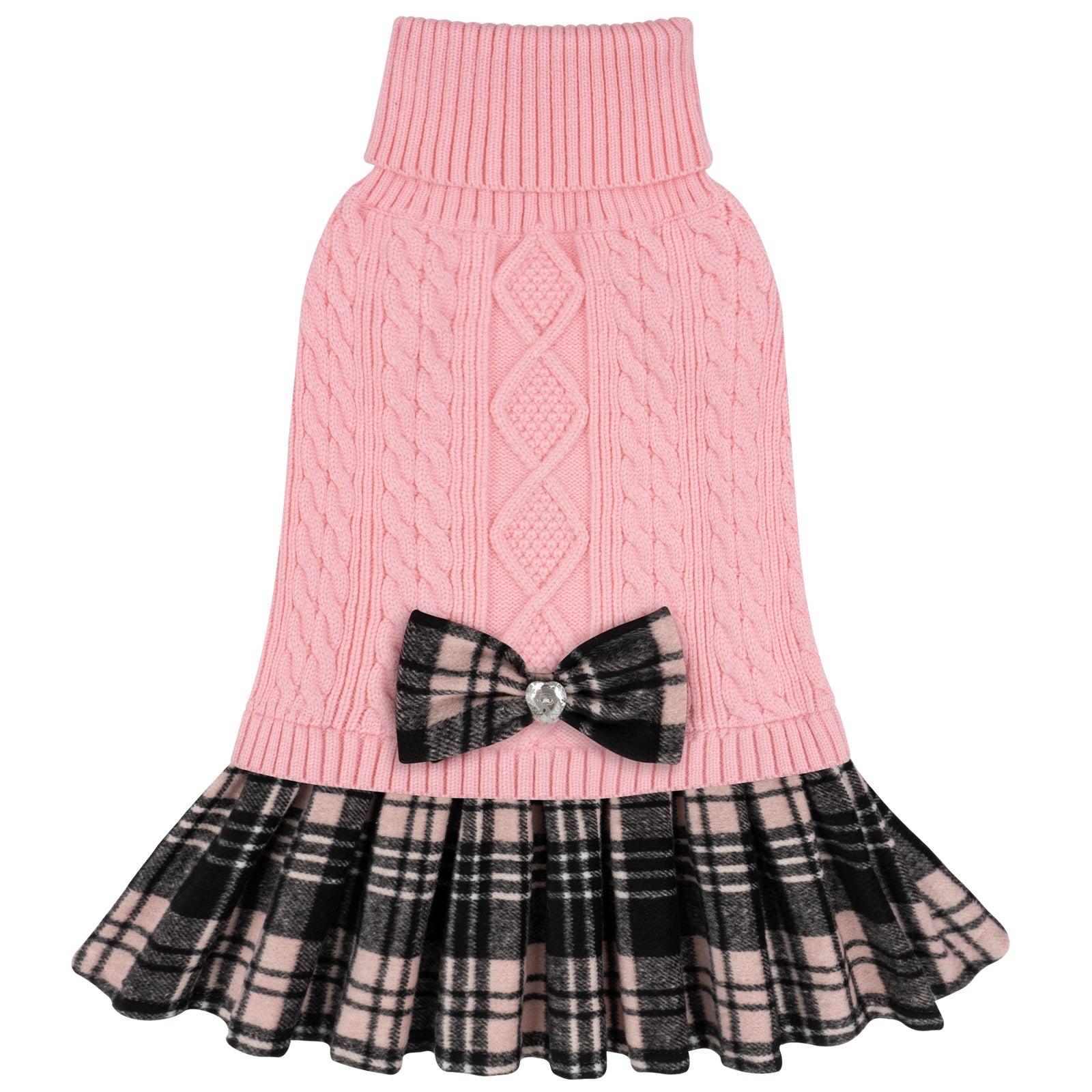 Pink cable-knit turtleneck dog sweater with diamond knit pattern and bow