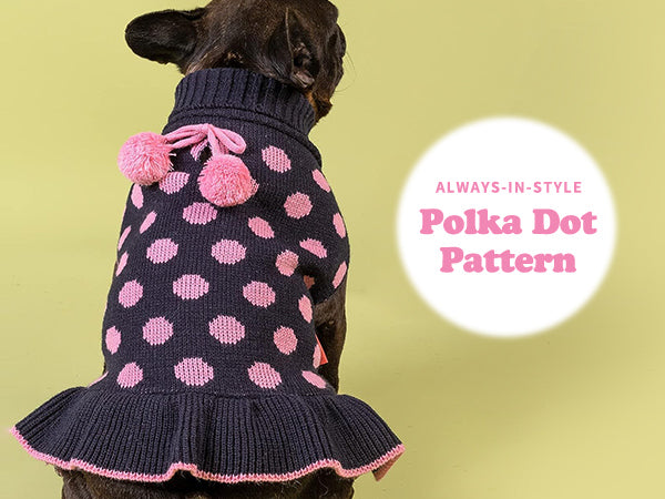 Dog sweater dress, black knit with pink polka dots and pink ruffled hem