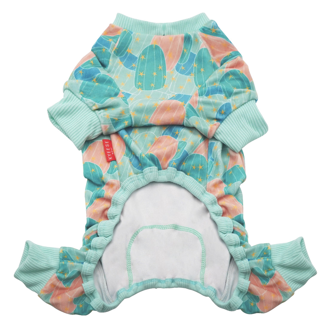Turquoise dog onesie pajama with cactus-pattern print and wooden button detail