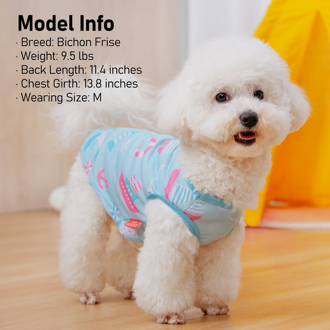 Breathable cooling dog shirt, light blue with pink graphic pattern on a dog