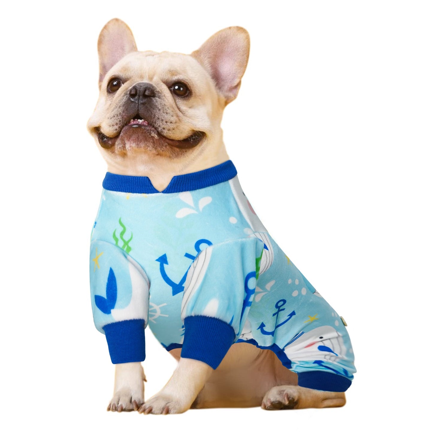 Light blue ocean-print dog onesie pajamas with ribbed collar and short sleeves.