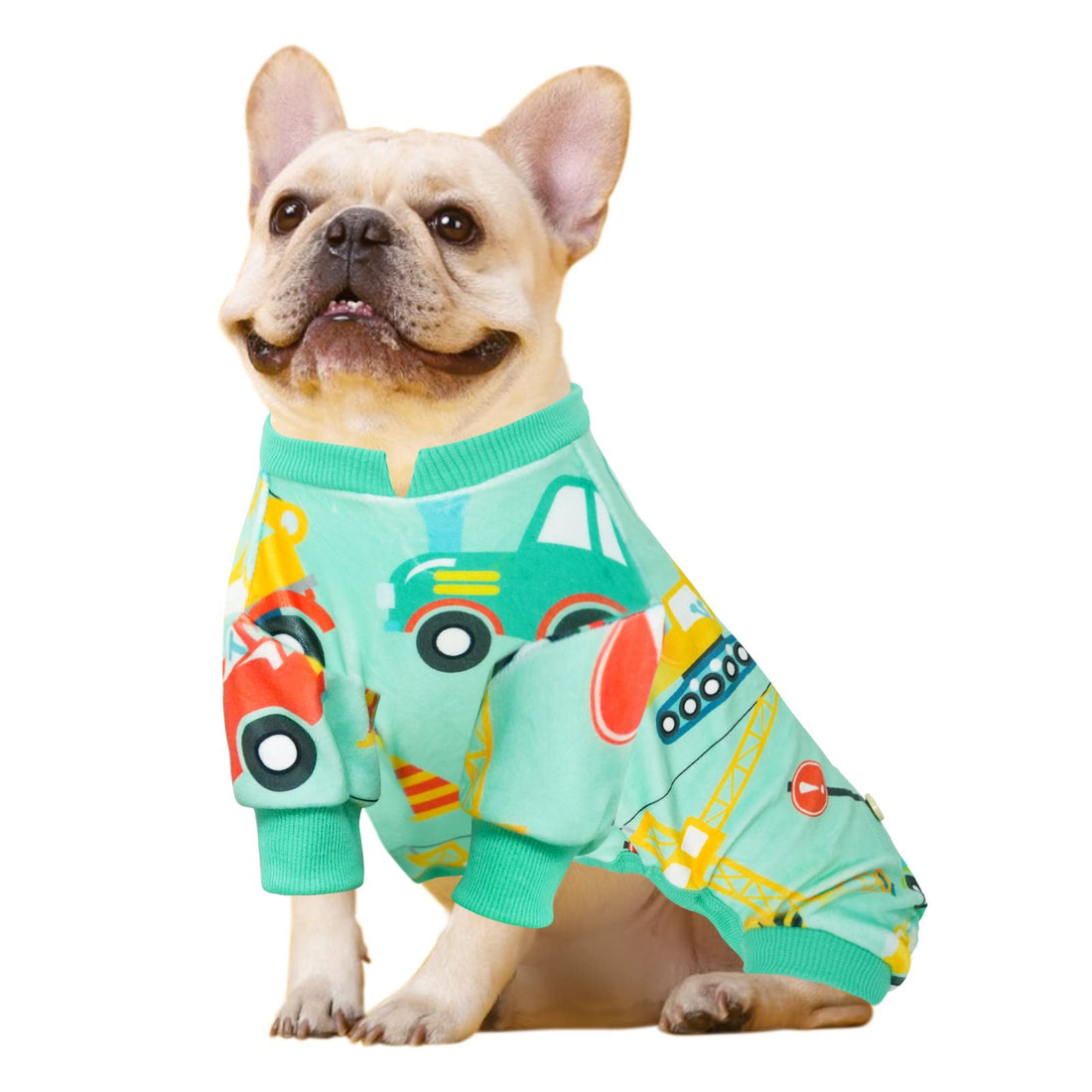 Vehicle-print dog onesie pajamas in aqua with green ribbed collar and cuffs