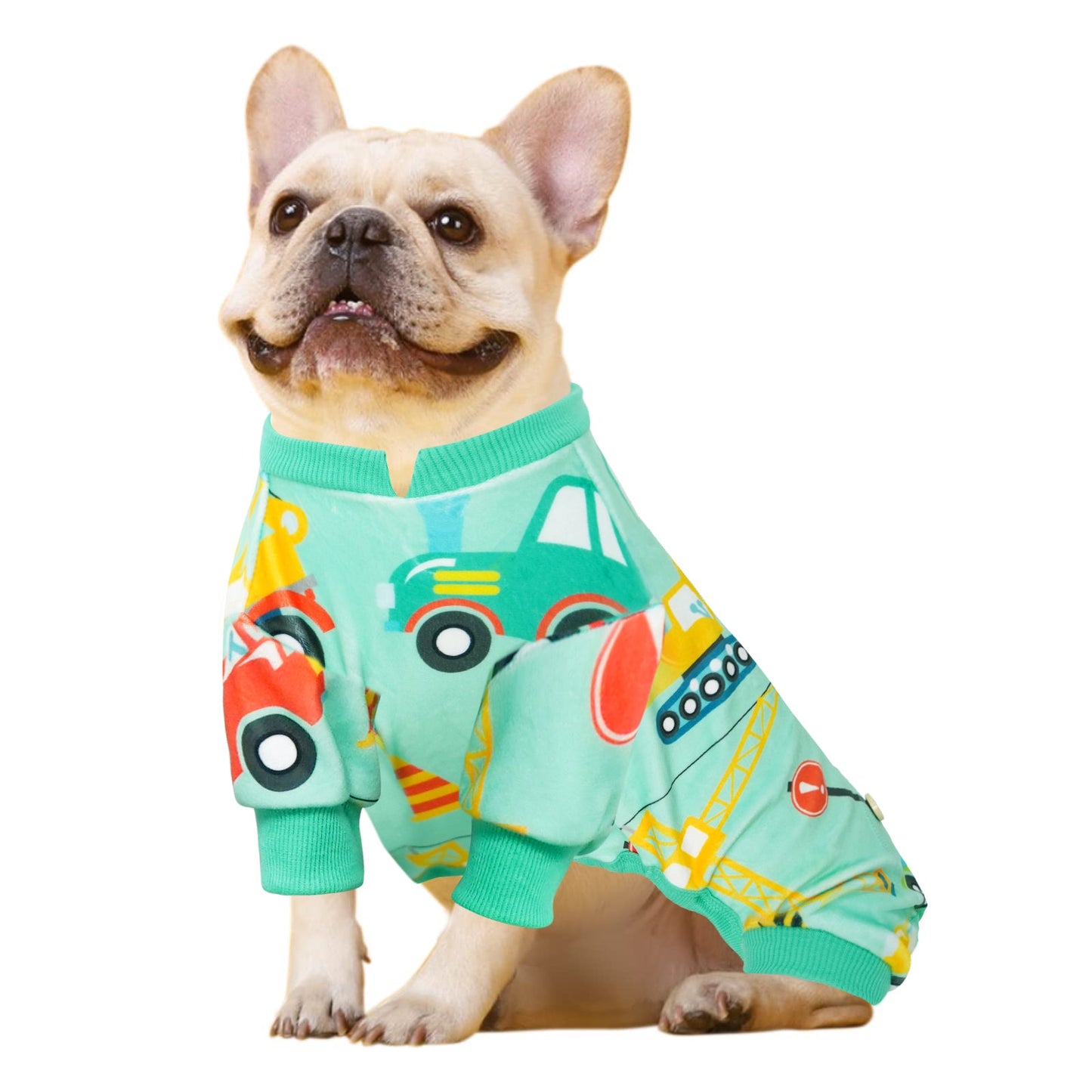 Vehicle-print dog onesie pajamas in aqua with green ribbed collar and cuffs