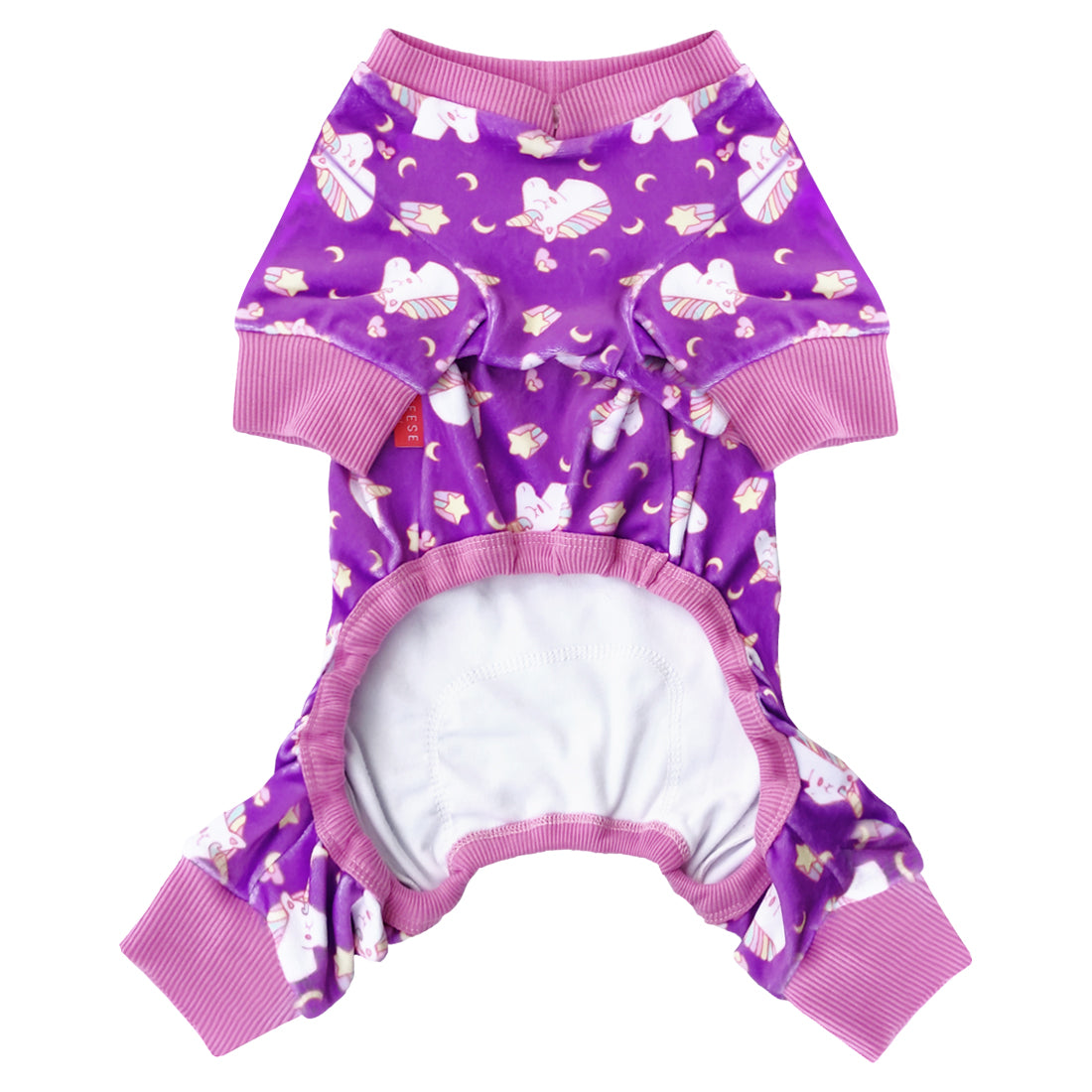 Purple dog unicorn onesie pajamas, back view, with pink ribbed sleeves and tail opening.