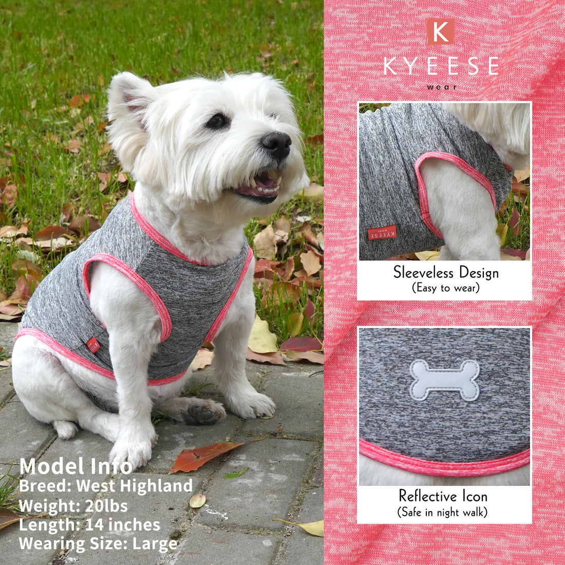 Gray sleeveless dog shirt with pink trim and reflective bone icon
