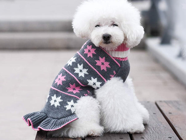 Dog sweater dress, dark knit with pink and white snowflake stripes and ribbed cuffs