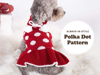 Dog sweater dress, red knit with white polka dots and white pom pom bow detail