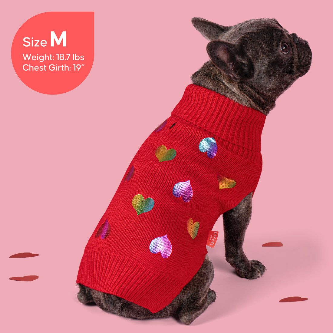 Red knit dog sweater with colorful heart pattern and high ribbed turtleneck