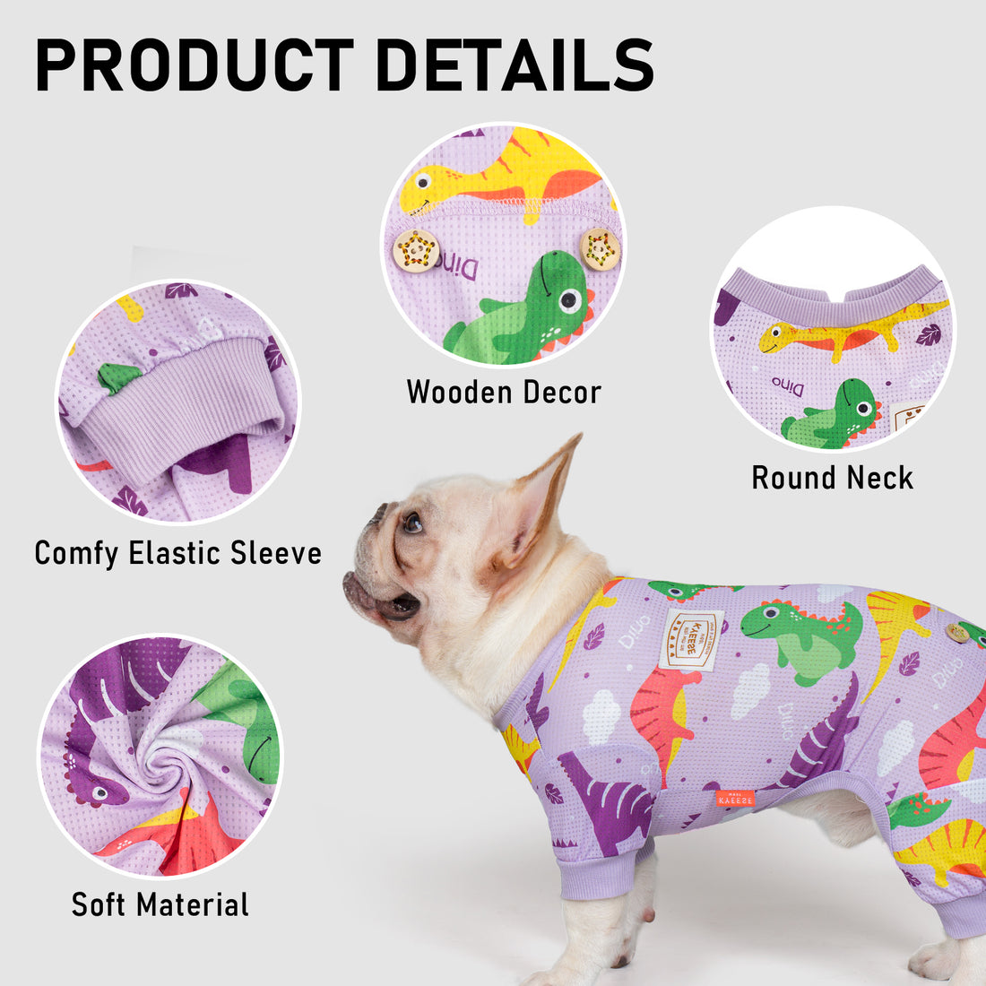 Purple dinosaur-print dog mesh onesie pajamas with elastic cuffs and round neckline