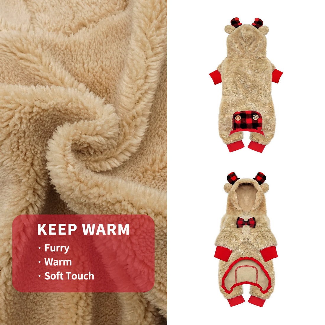 Tan fuzzy fleece dog onesie with elk-ear hood and red ribbed legs, front/back