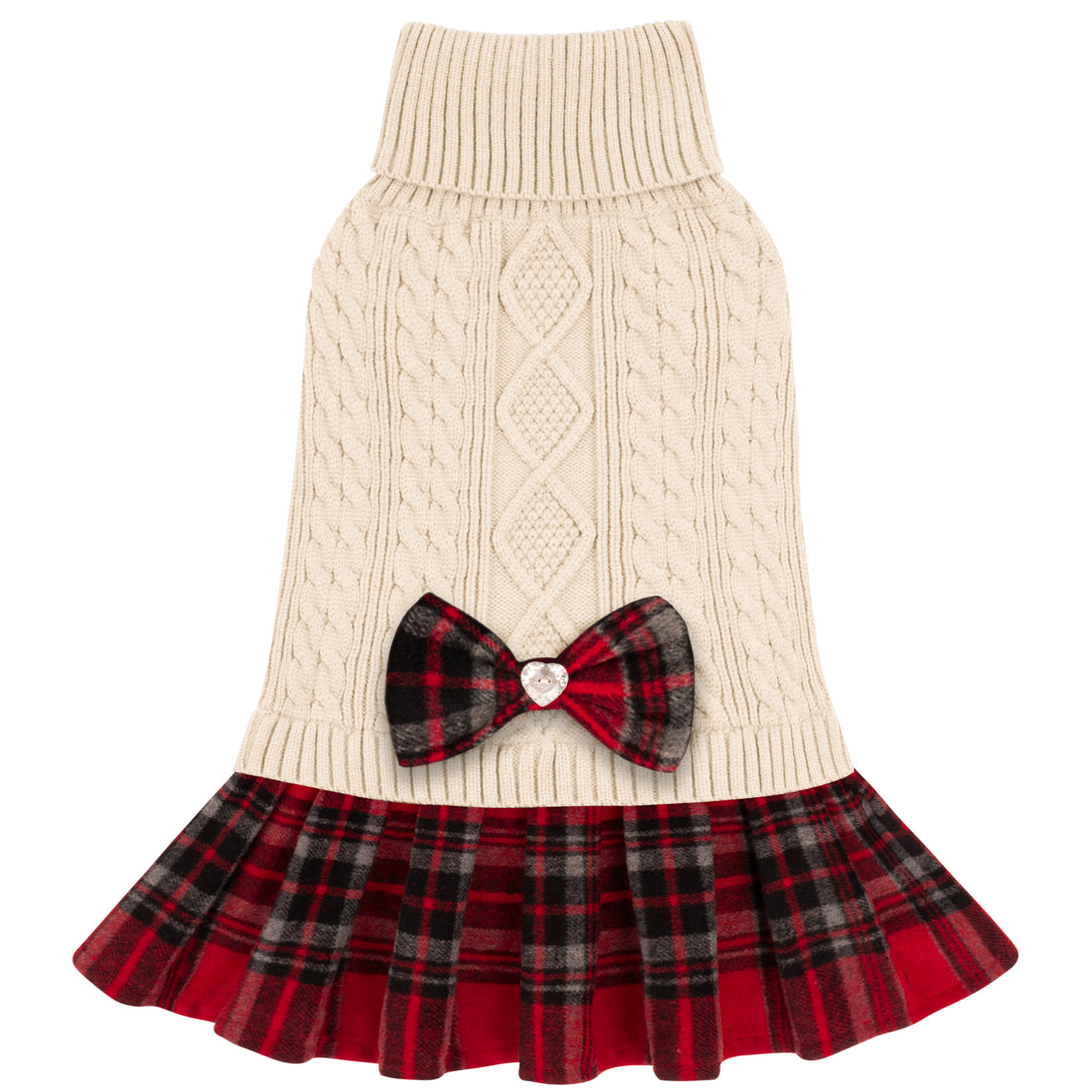 Cream cable-knit dog sweater with turtleneck, red plaid skirt and bow