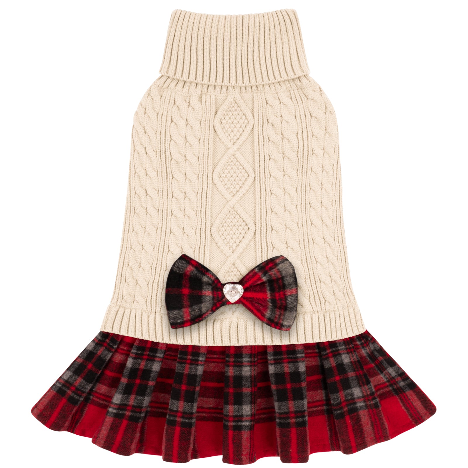 Cream cable-knit dog sweater with turtleneck, red plaid skirt and bow