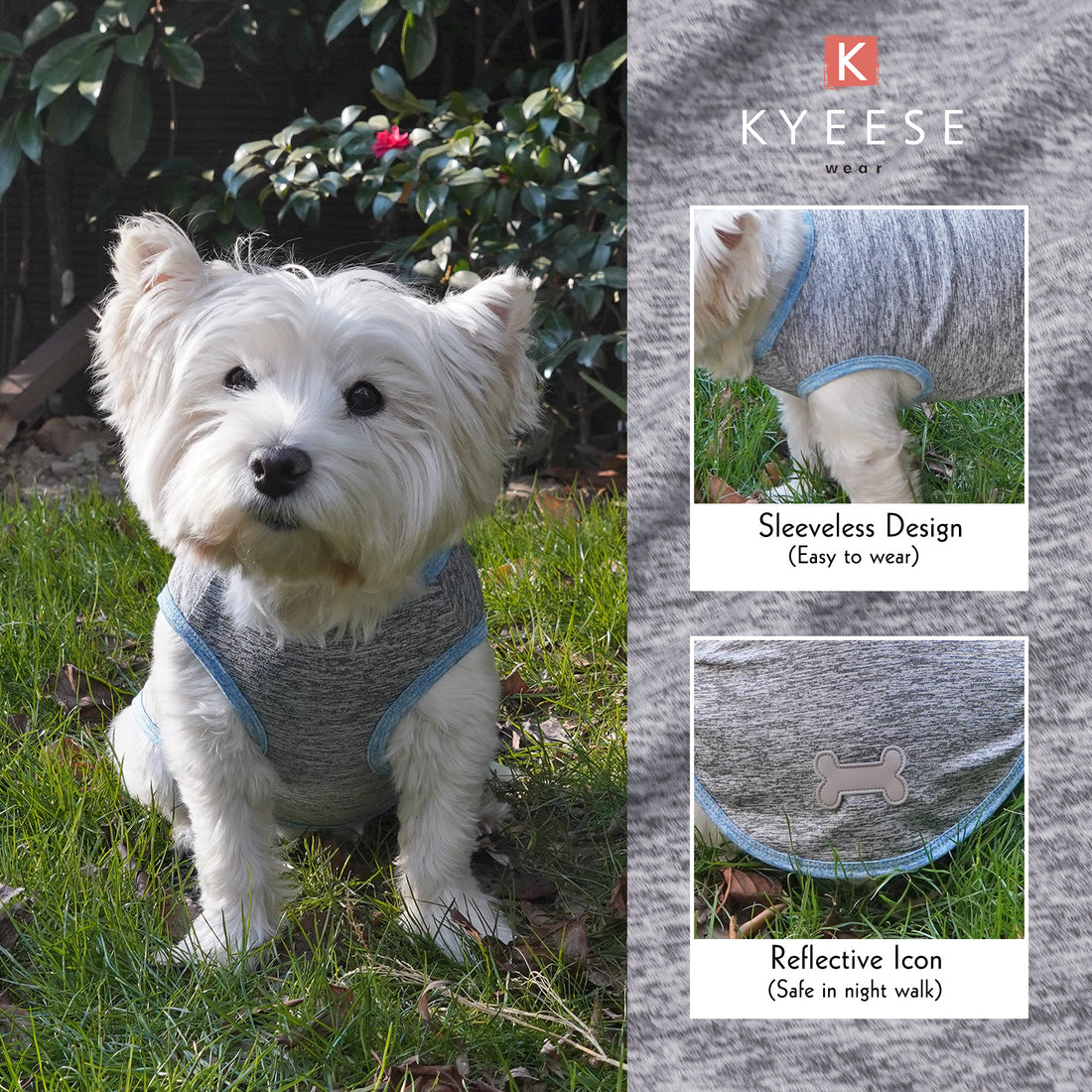 Gray sleeveless dog shirt with blue trim and reflective bone icon