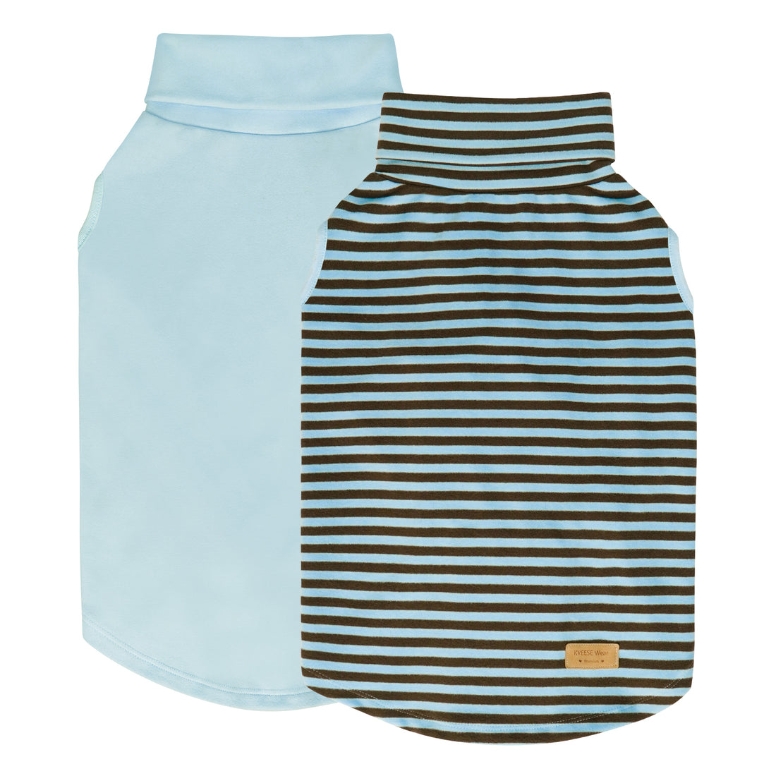 Dog sleeveless velvet sweater 2-pack: solid light blue turtleneck tank and striped tank