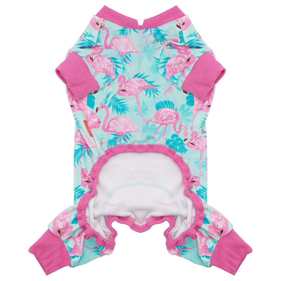 Flamingo print dog onesie pajamas with back opening, light aqua and pink cuffs
