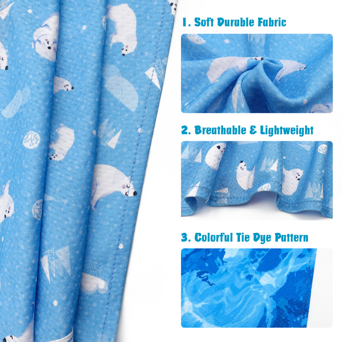Cooling dog bandana fabric close-up, blue tie-dye pattern with soft, breathable look