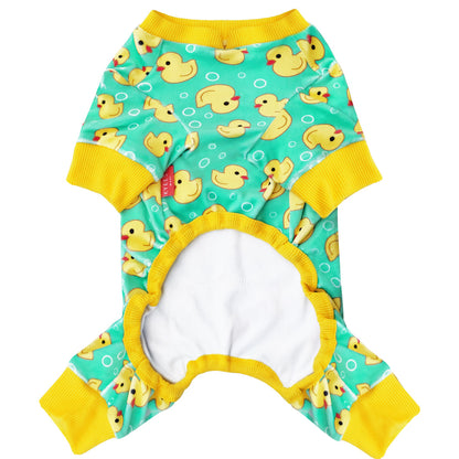 Duck-print dog onesie pajamas in teal with yellow ribbed cuffs and belly opening