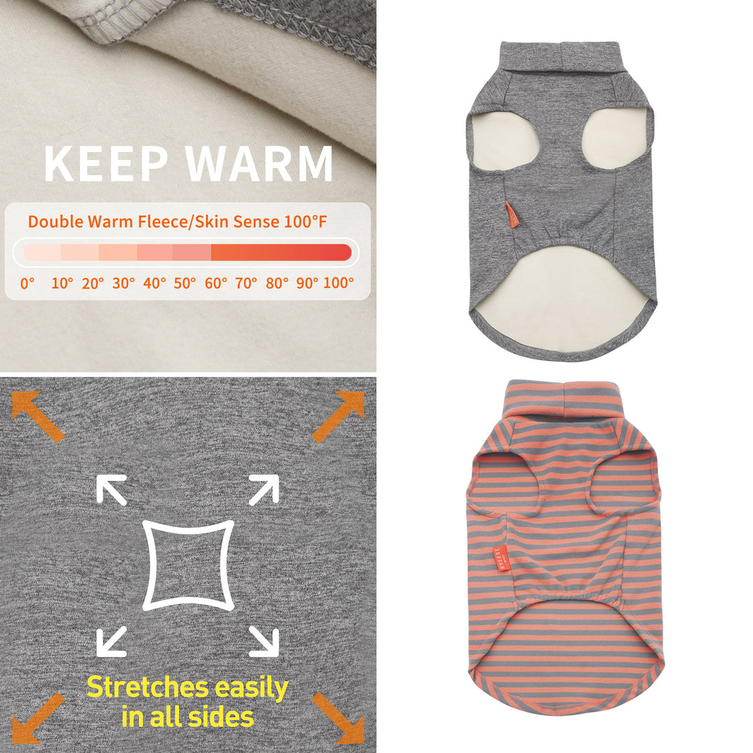 Gray sleeveless dog sweater with turtleneck; rounded leg openings and belly coverage