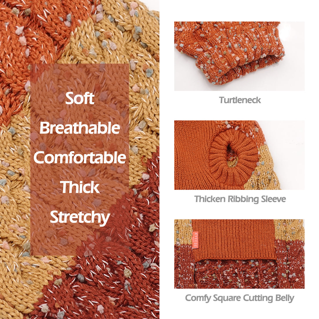 Orange and tan knit dog sweater detail, ribbed turtleneck and textured panels