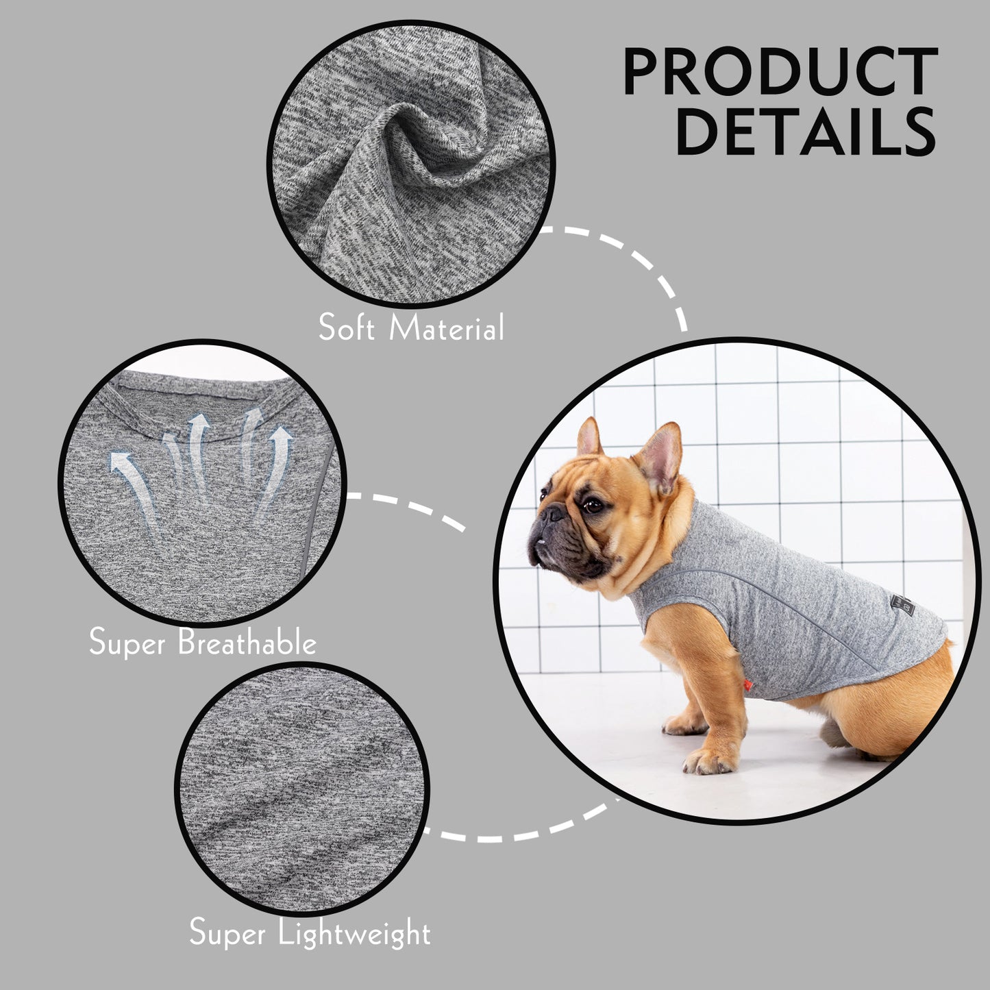 Lightweight reflective dog shirt in heather grey, infographic detail circles