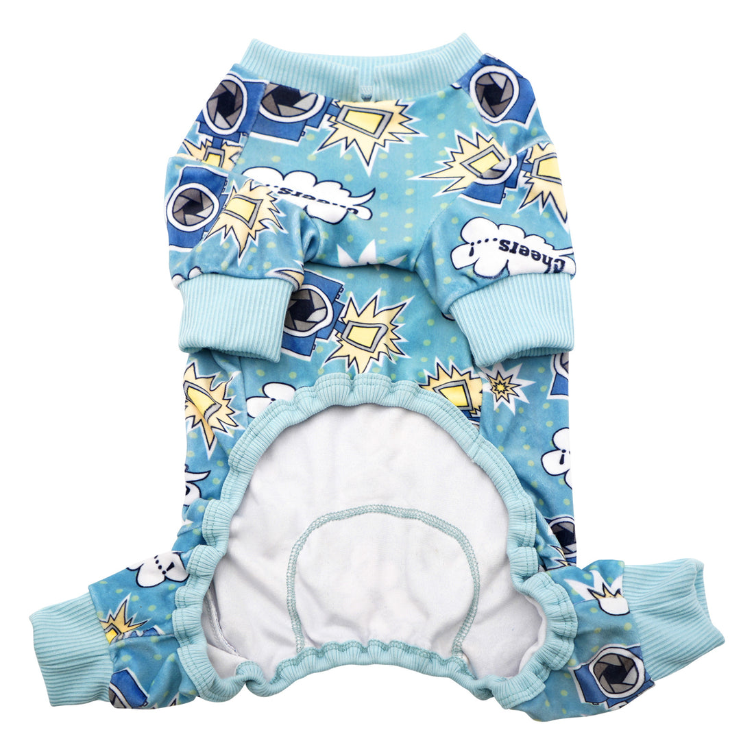 Blue dog onesie pajama with round neck, duck-and-camera print, and ribbed sleeve cuffs