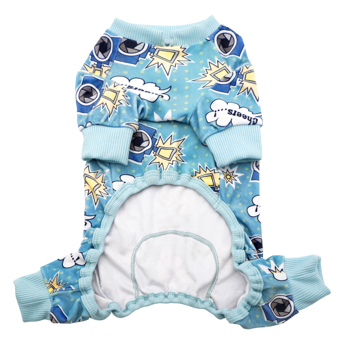 Blue dog onesie pajama with round neck, duck-and-camera print, and ribbed sleeve cuffs