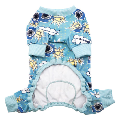 Blue dog onesie pajama with round neck, duck-and-camera print, and ribbed sleeve cuffs