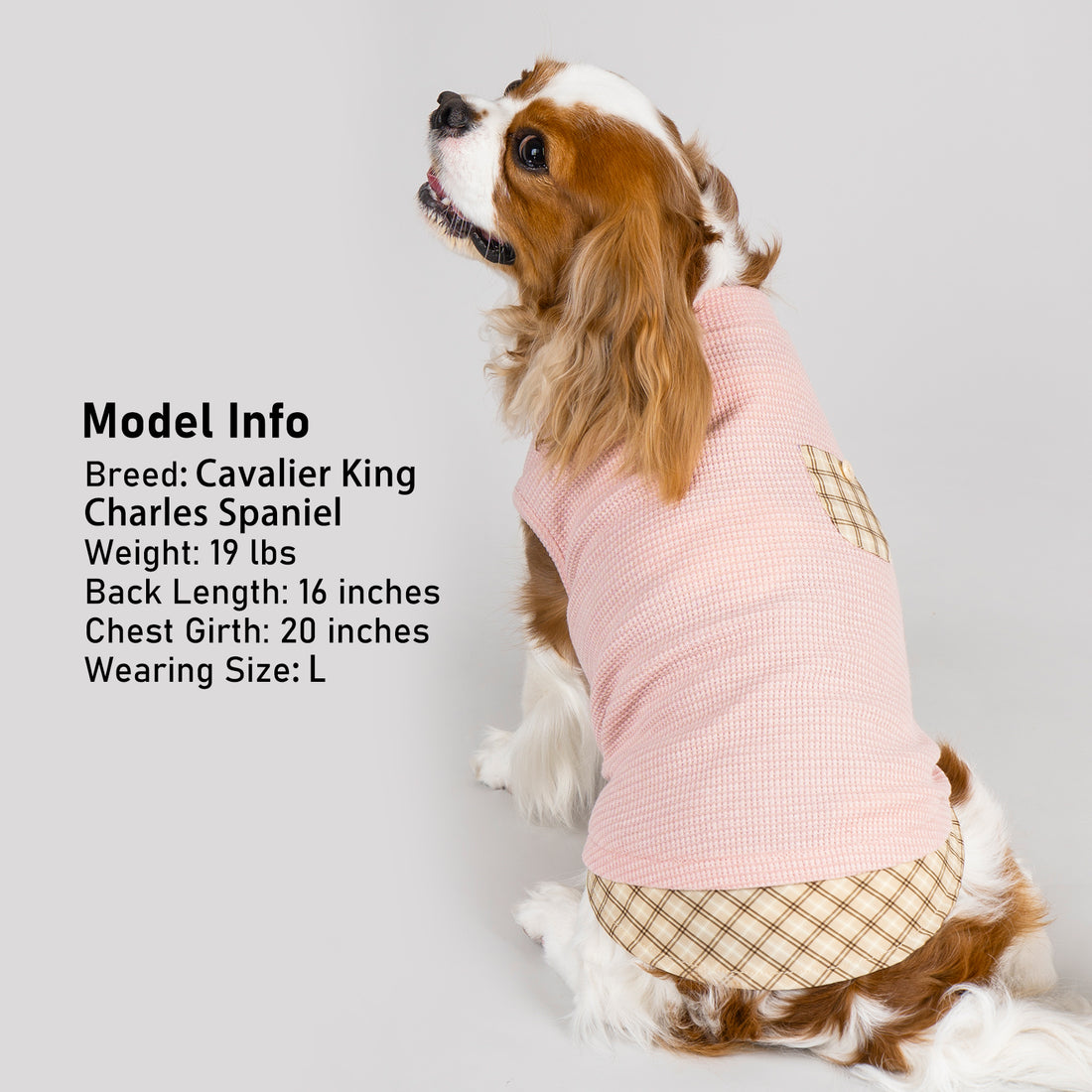 Pink sleeveless dog shirt with plaid hem and waffle knit texture