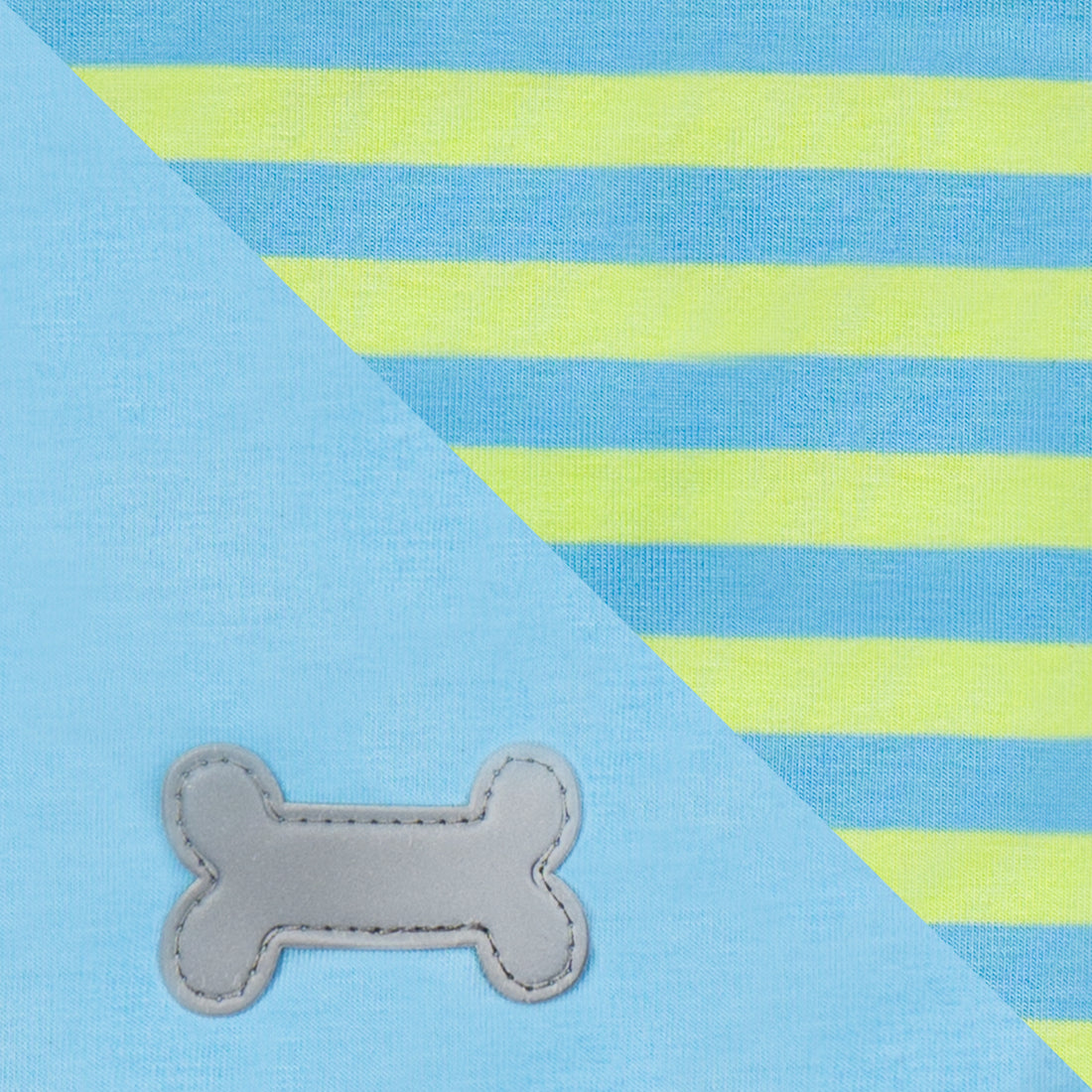 Gray bone-shaped applique on light blue fabric with matching striped trim