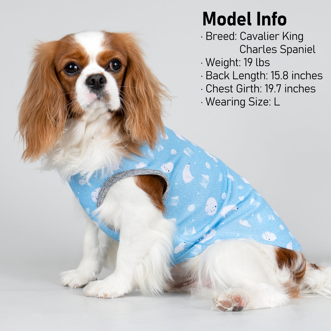 Light blue dog cooling shirt with white ice pattern, side leg openings and snug neck collar