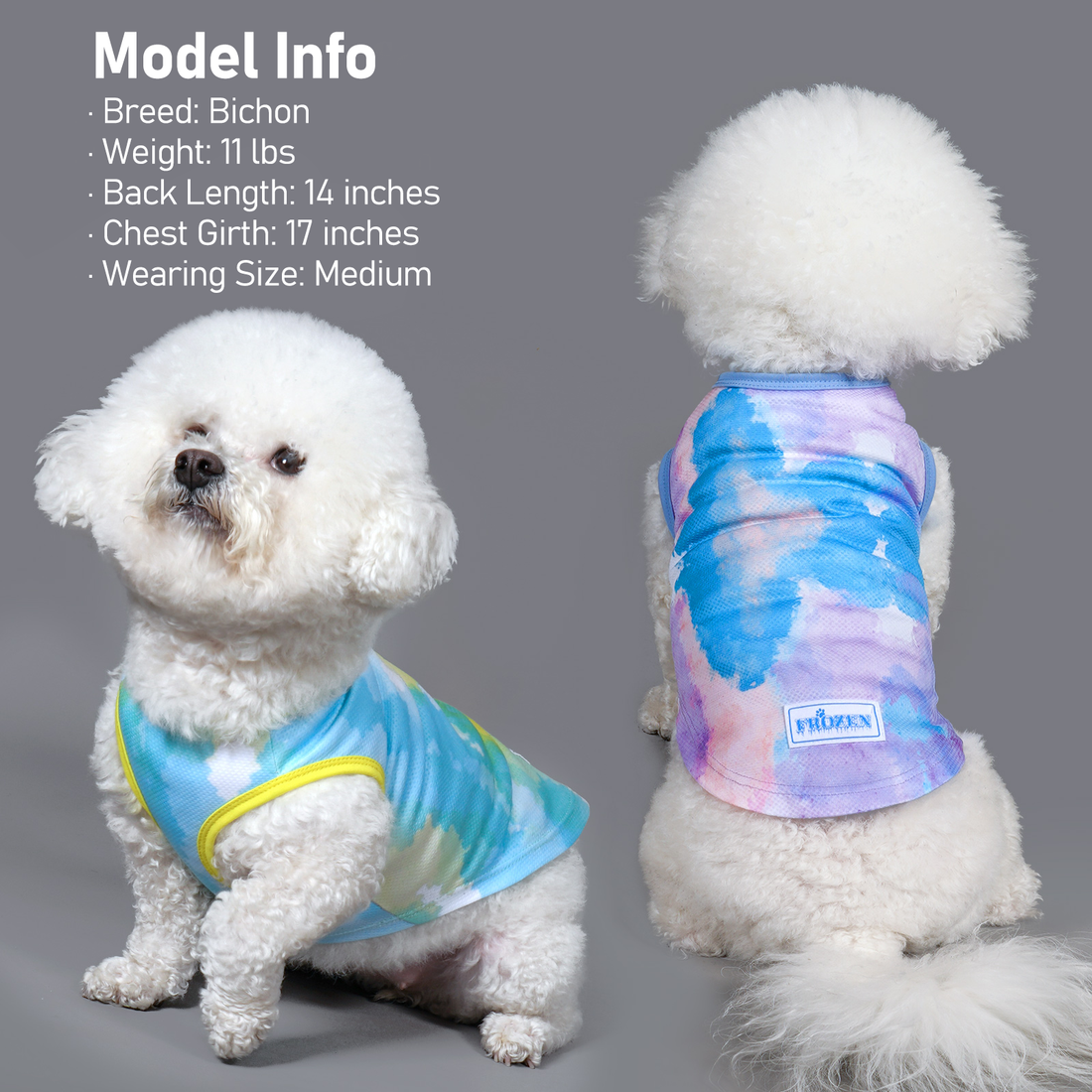 Dog cooling shirt pair: blue tie-dye with purple back, plus aqua/blue patterned shirt.
